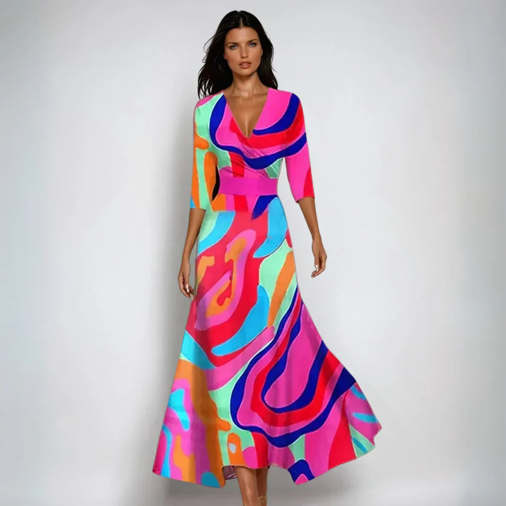 Levoire | Robe Maxi Avec Décolleté En V Et Imprimé Abstrait Éclatant Pour Femmes Color
