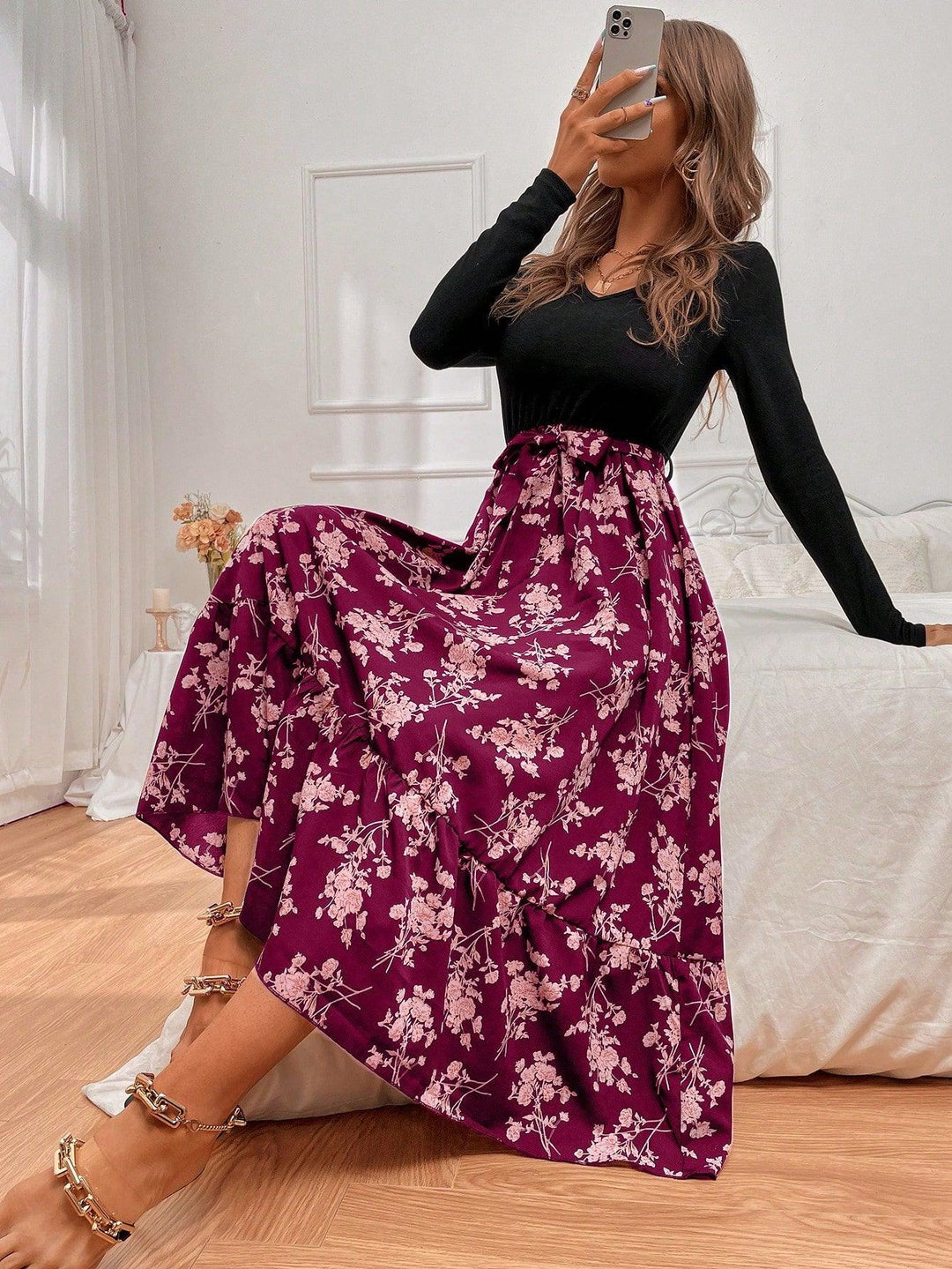 Levoire | A-Ligne Robe À Manches Longues Pour Femmes Bordeaux