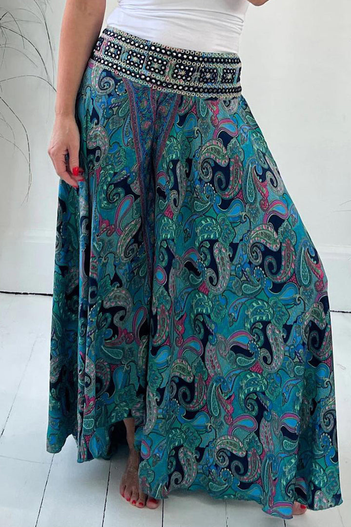 Levoire | Pantalons Taille Haute Patchwork À Impression Collégiale Décontractée Avec Impression Sur Toute La Surface Bleu