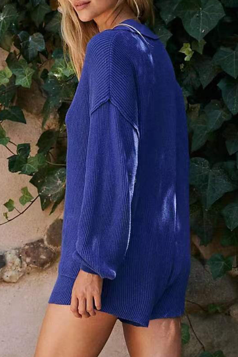 Levoire | Simplicité Décontractée Solides Boutons Encolure Dégagée Combinaison Décontractée Bleu