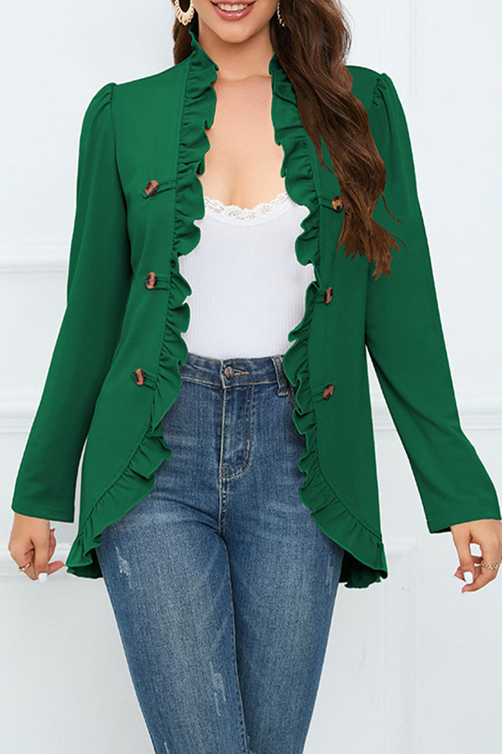Levoire | Élégante Chemise Ruffle À Boucle Unie Col En Feuille De Lotus Vêtements D'Extérieur Vert