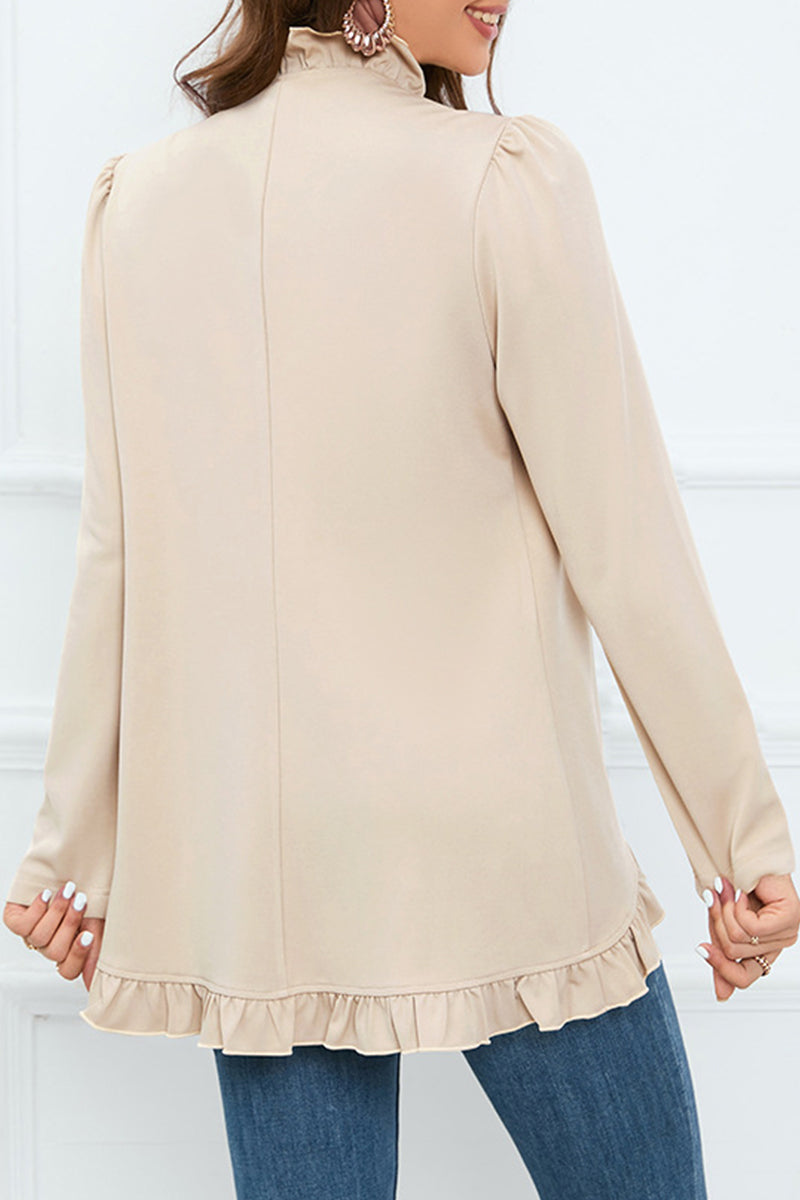 Levoire | Élégante Chemise Ruffle À Boucle Unie Col En Feuille De Lotus Vêtements D'Extérieur