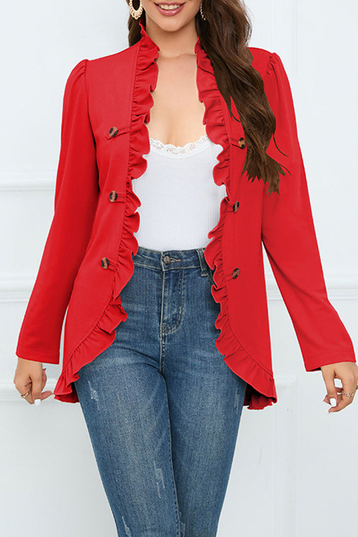 Levoire | Élégante Chemise Ruffle À Boucle Unie Col En Feuille De Lotus Vêtements D'Extérieur Rot