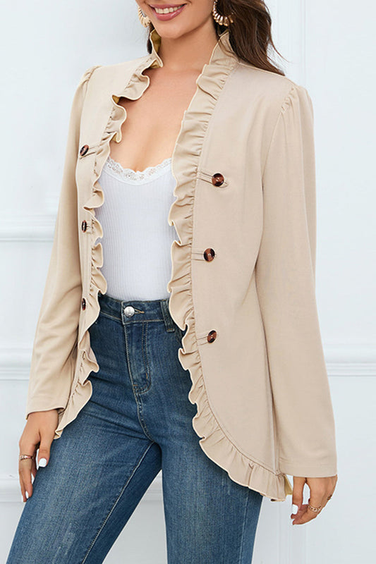 Levoire | Élégante Chemise Ruffle À Boucle Unie Col En Feuille De Lotus Vêtements D'Extérieur