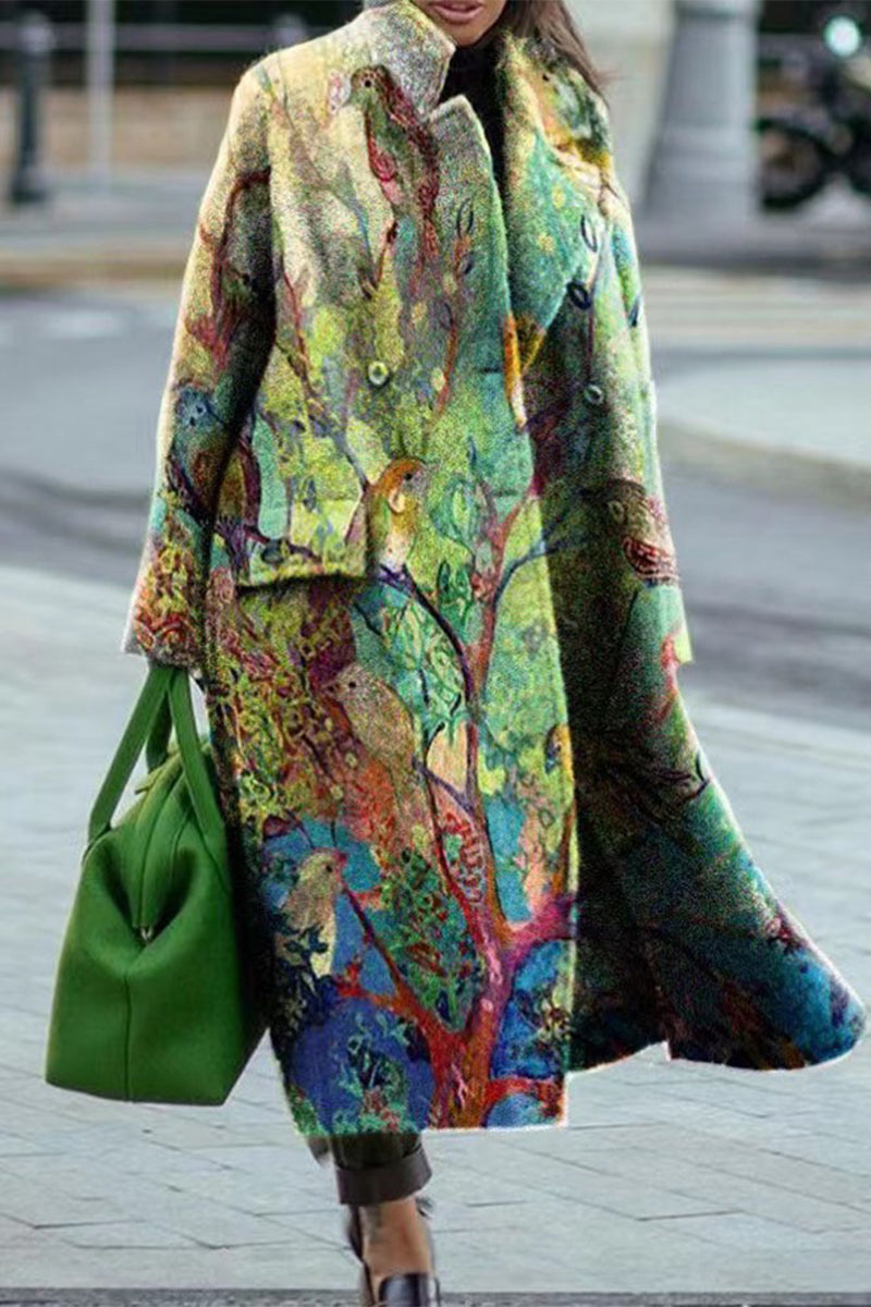 Levoire | Rue Élégante Imprimé Patchwork Col Revers Vêtements D'Extérieur Vert