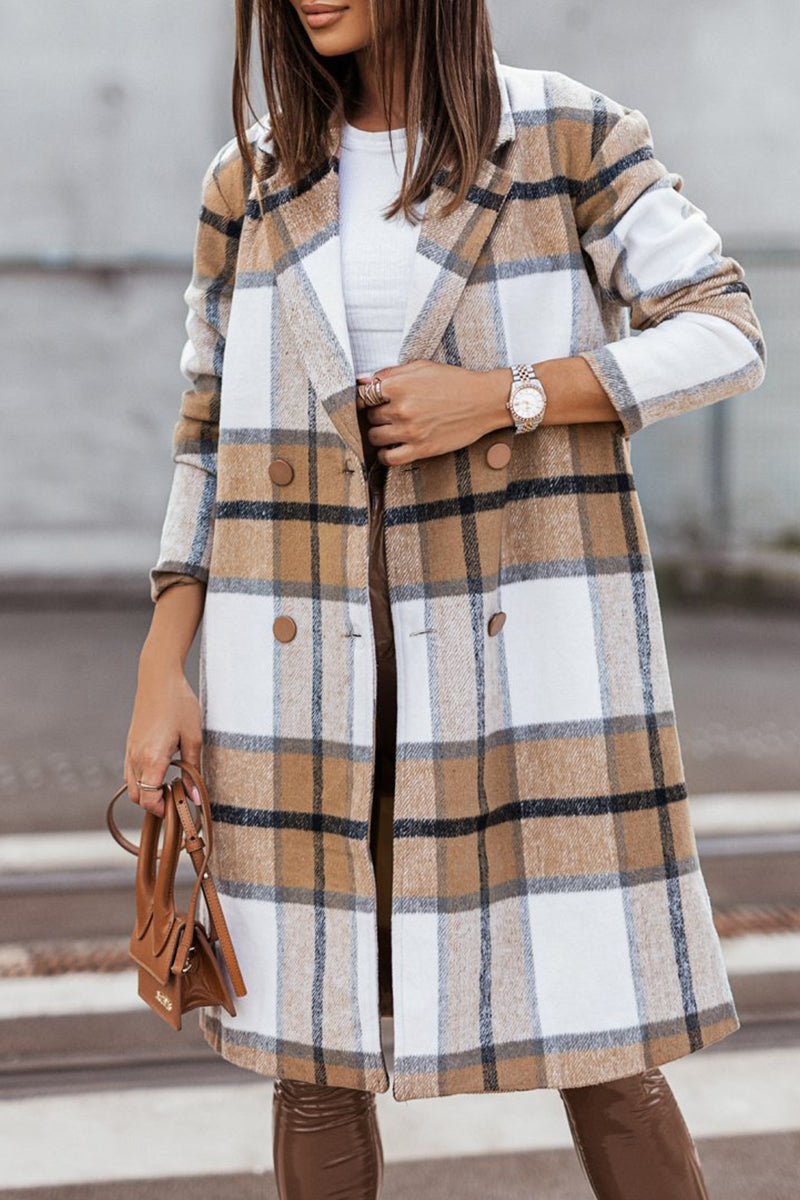 Levoire | Style Britannique Élégant À Motifs À Carreaux Contrastés Avec Col Retourné Outerwear Khaki
