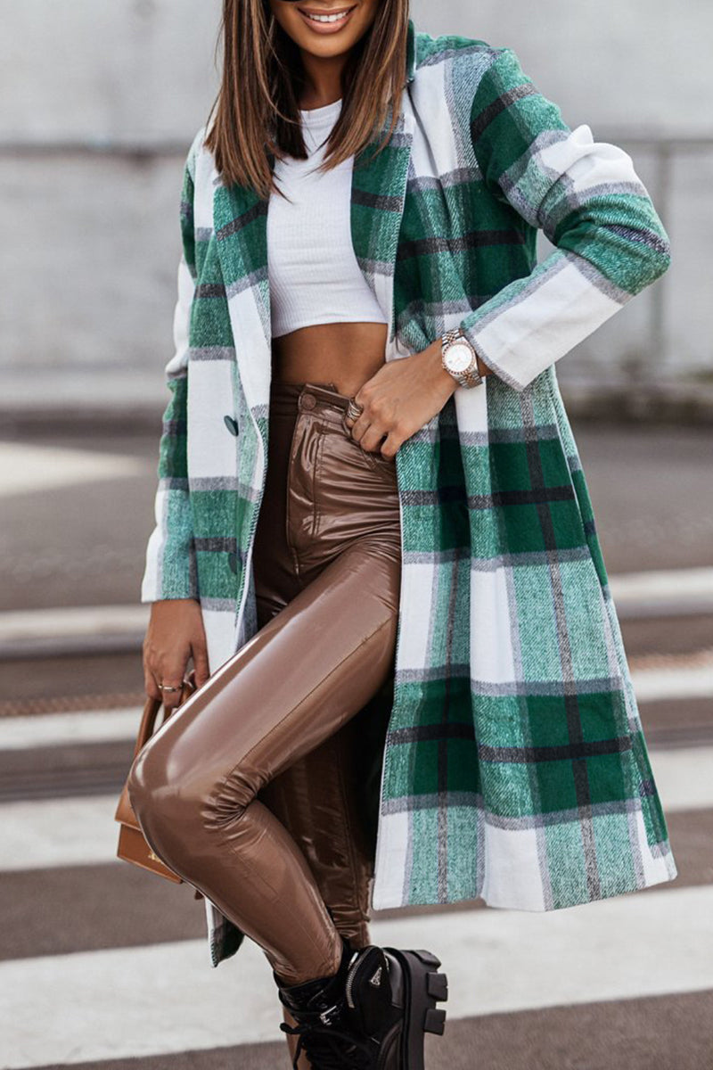 Levoire | Style Britannique Élégant À Motifs À Carreaux Contrastés Avec Col Retourné Outerwear Vert
