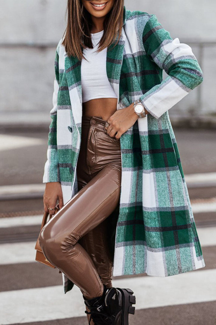 Levoire | Style Britannique Élégant À Motifs À Carreaux Contrastés Avec Col Retourné Outerwear Vert