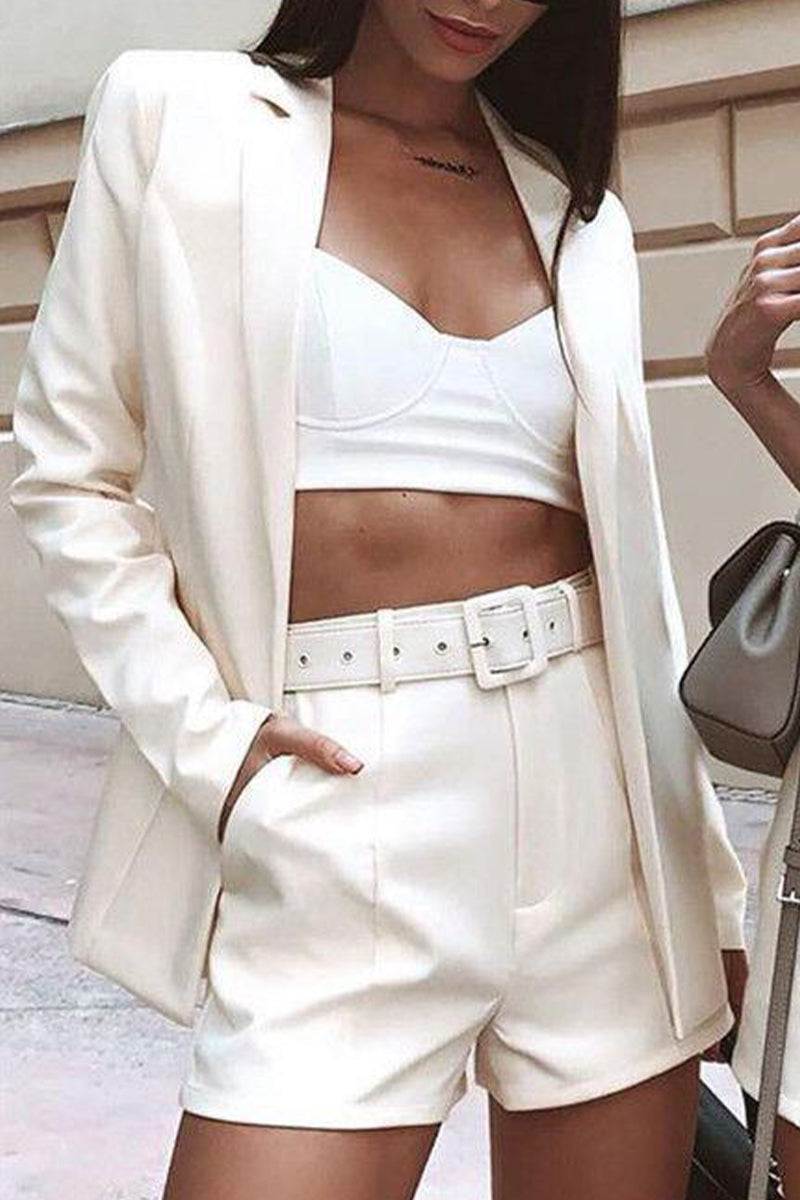 Levoire | Manteau De Costume À Revers Élégant À Manches Longues Et Shorts De Costume Étroits En Deux Pièces Blanc