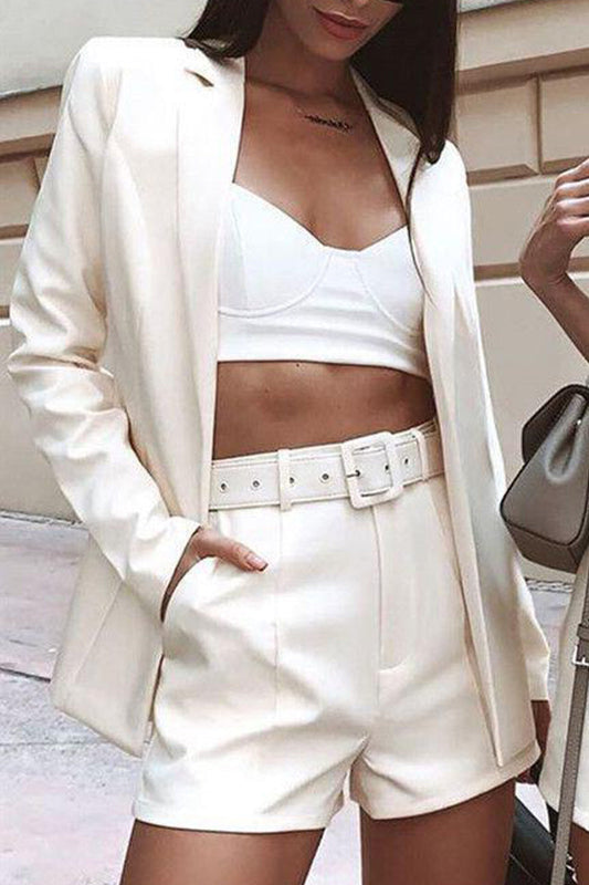 Levoire | Manteau De Costume À Revers Élégant À Manches Longues Et Shorts De Costume Étroits En Deux Pièces Blanc