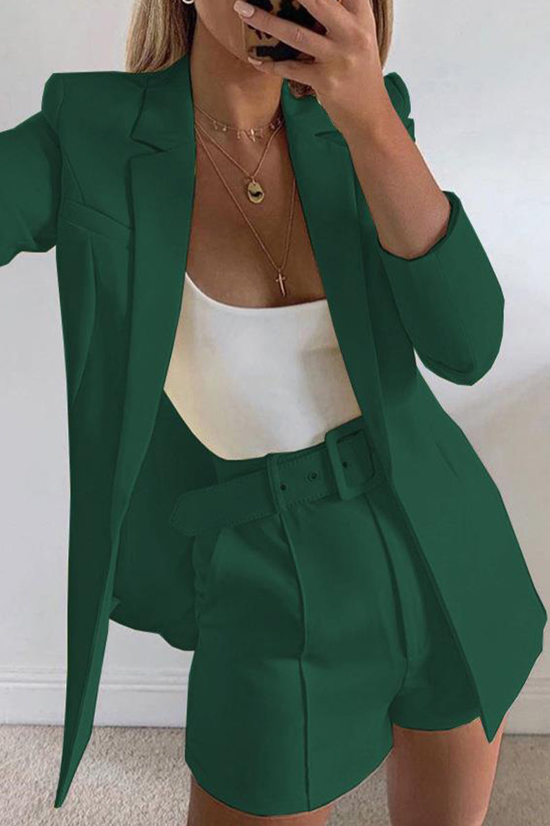 Levoire | Manteau De Costume À Revers Élégant À Manches Longues Et Shorts De Costume Étroits En Deux Pièces Teinte Verte