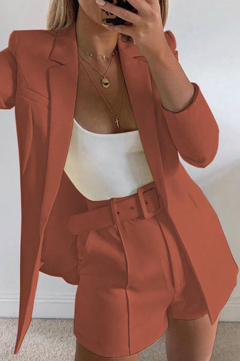 Levoire | Manteau De Costume À Revers Élégant À Manches Longues Et Shorts De Costume Étroits En Deux Pièces Rouge brique