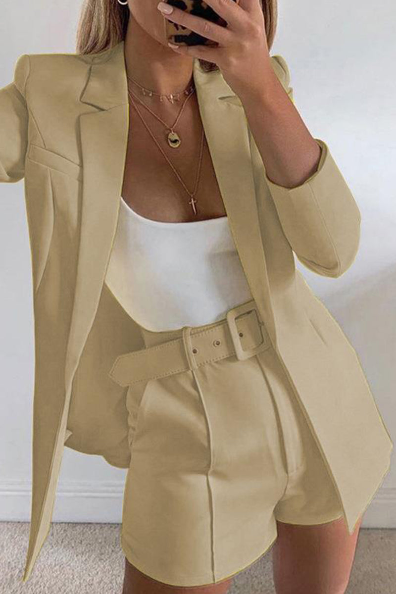 Levoire | Manteau De Costume À Revers Élégant À Manches Longues Et Shorts De Costume Étroits En Deux Pièces Khaki