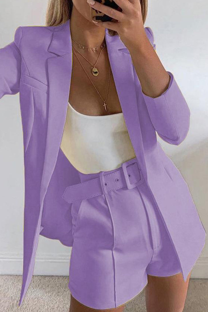 Levoire | Manteau De Costume À Revers Élégant À Manches Longues Et Shorts De Costume Étroits En Deux Pièces Lilas