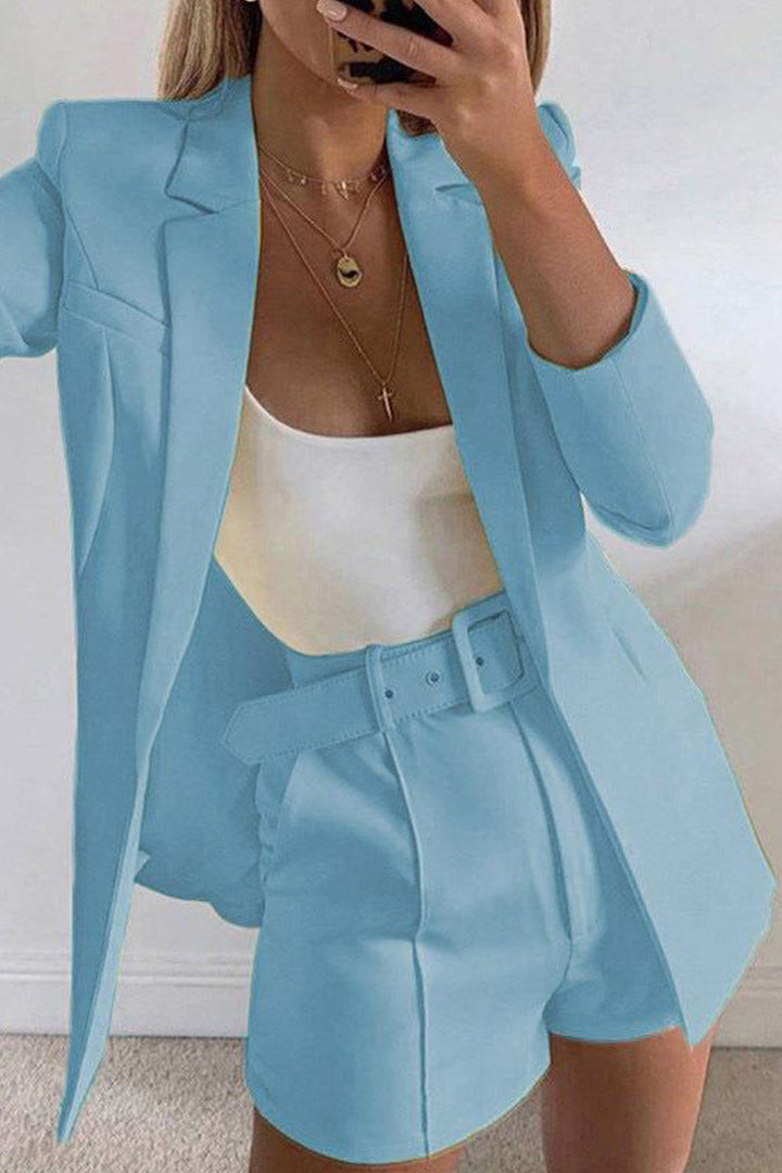 Levoire | Manteau De Costume À Revers Élégant À Manches Longues Et Shorts De Costume Étroits En Deux Pièces Bleu ciel