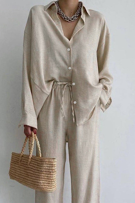 Levoire | Décontracté Uni Frenulum Bouton Col Rabattu Manches Longues Deux Pièces Abricot