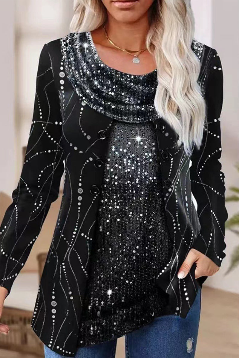 Levoire | Tops À Col En Sequins Unis Décontractés De Rue Noir