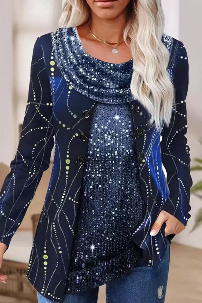 Levoire | Tops À Col En Sequins Unis Décontractés De Rue Bleu marine