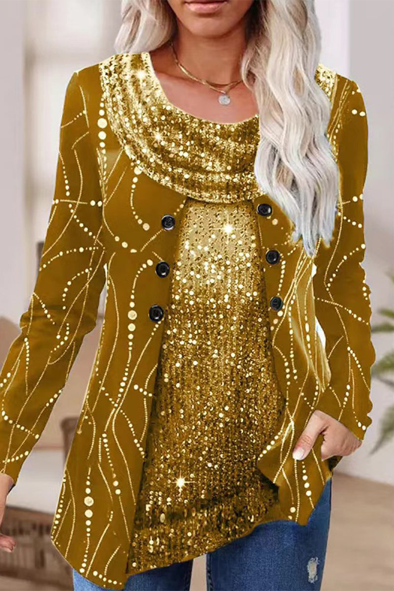 Levoire | Tops À Col En Sequins Unis Décontractés De Rue Or
