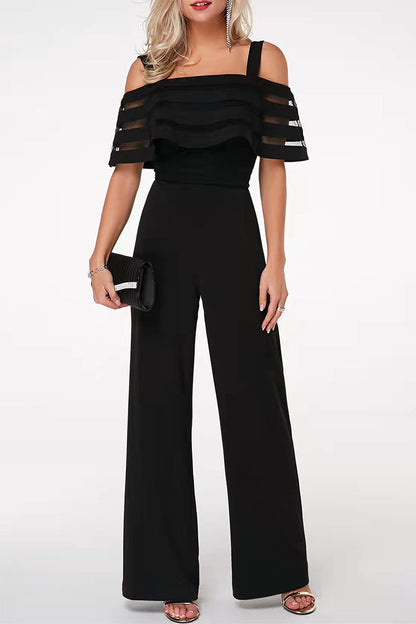 Levoire | Élégant Solide Patchwork Offshoulder Combinaisons Régulières Noir