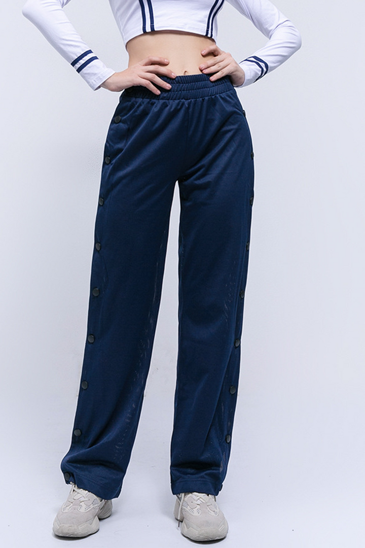 Levoire | Vêtements De Sport Décontractés Boucle Solide Taille Haute Ample Pantalons À Jambes Larges Couleur Unie Bleu
