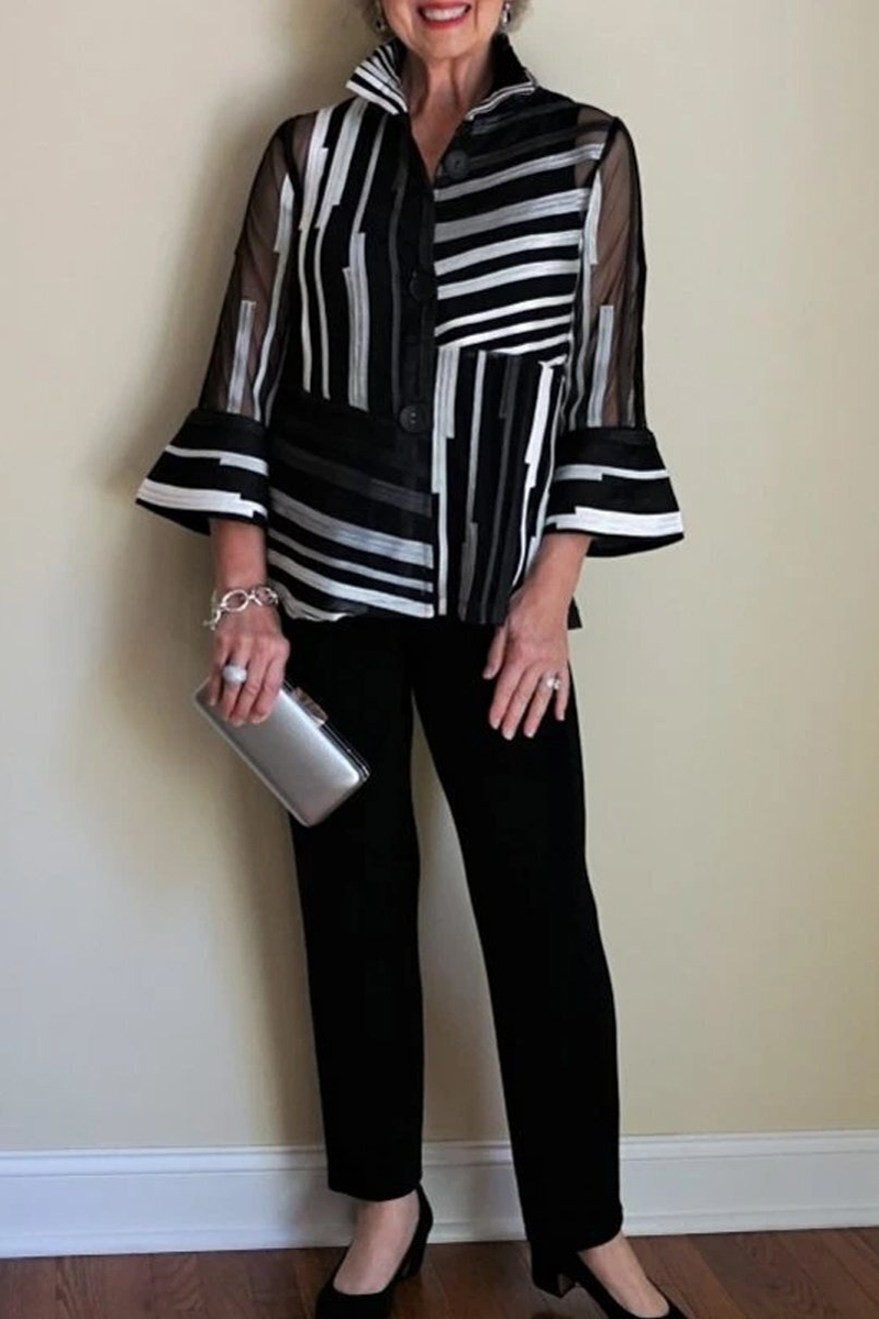 Levoire | Style Britannique Imprimé Rayé Patchwork Col Retourné Manches Trois Quarts Deux Pièces Noir