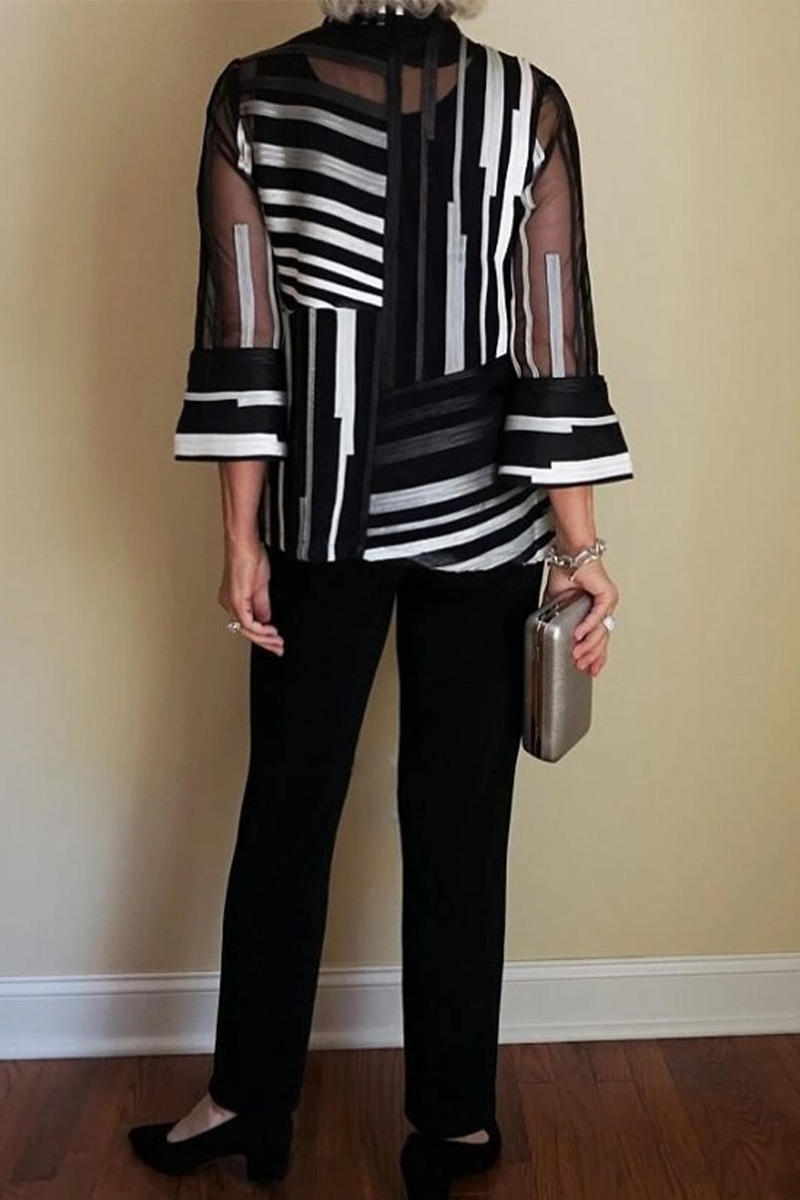 Levoire | Style Britannique Imprimé Rayé Patchwork Col Retourné Manches Trois Quarts Deux Pièces