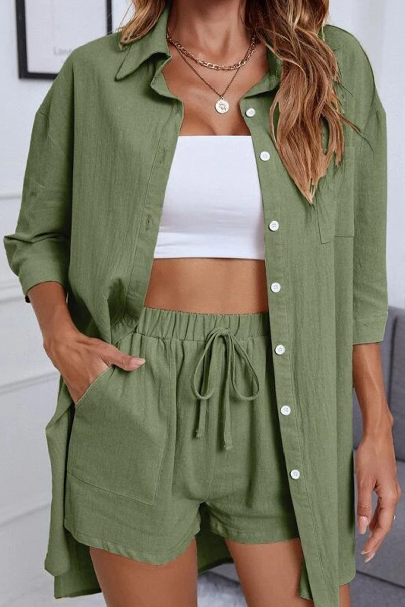 Levoire | Simplicité Décontractée Sac Simple Col Rabattu Manches Mi-Longues Deux Pièces Vert armée