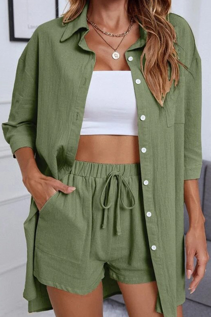 Levoire | Simplicité Décontractée Sac Simple Col Rabattu Manches Mi-Longues Deux Pièces Vert armée