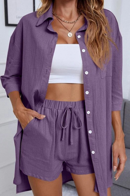 Levoire | Simplicité Décontractée Sac Simple Col Rabattu Manches Mi-Longues Deux Pièces Lilas