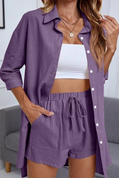 Levoire | Simplicité Décontractée Sac Simple Col Rabattu Manches Mi-Longues Deux Pièces