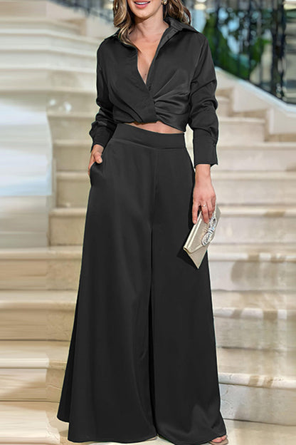 Levoire | Élégante Unie Pliable Col Rabattu Deux Pièces Longues Manches Noir