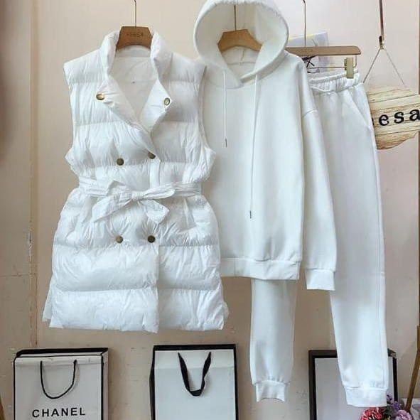 Levoire | Veste Mi-Longue À Manches Longues Sweat À Capuche Grand Ensemble Trois Pièces Blanc