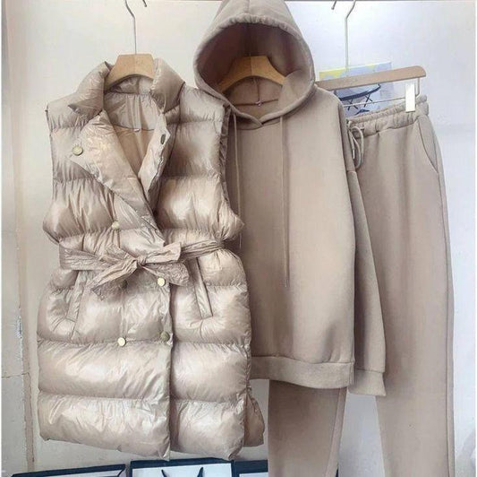 Levoire | Veste Mi-Longue À Manches Longues Sweat À Capuche Grand Ensemble Trois Pièces Beige