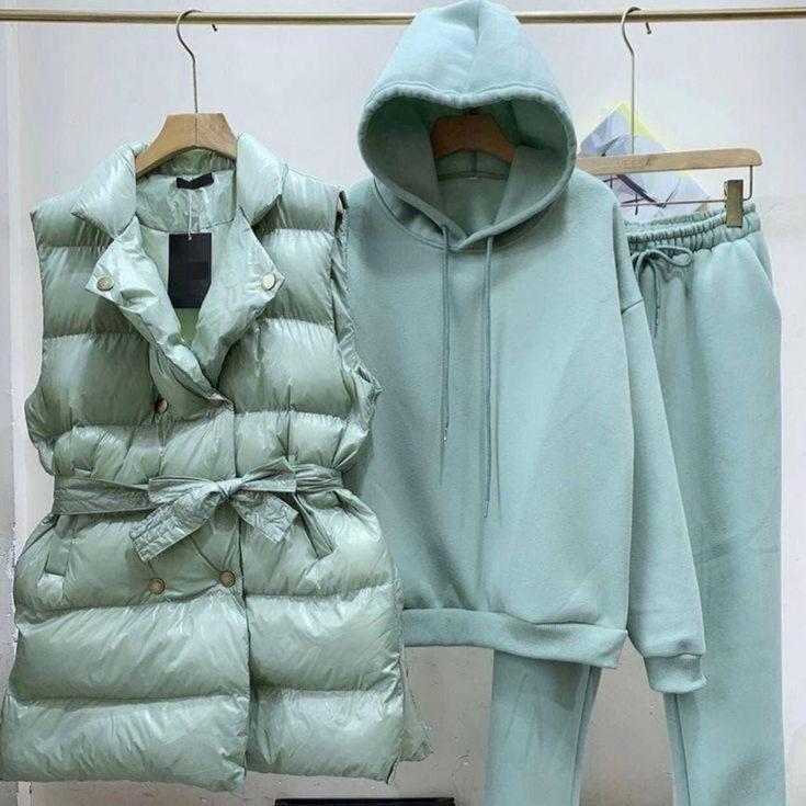 Levoire | Veste Mi-Longue À Manches Longues Sweat À Capuche Grand Ensemble Trois Pièces Vert