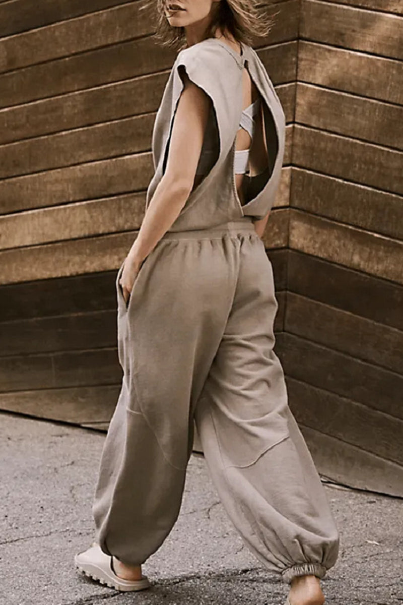 Levoire | Simplicité Décontractée Poche Solide Frenulum Dos Nu En Décolleté Salopettes Amples