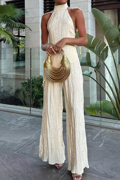 Levoire | Décontracté Simplicité Solide Plissée Asymétrique Halter Sans Manches Deux Pièces Crème Blanc