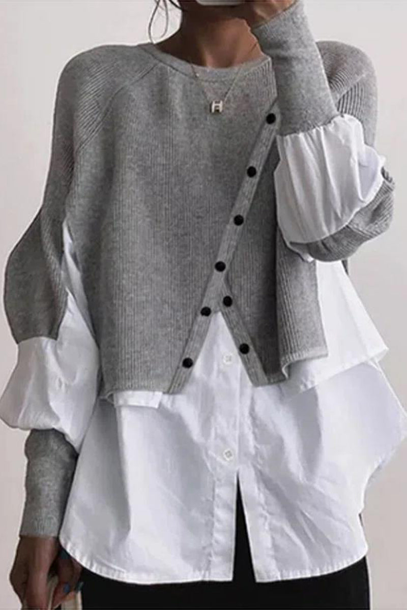 Levoire | Décontracté Solide Patchwork Boutons O-Cou Tops Gris