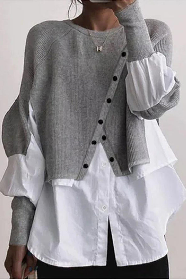 Levoire | Décontracté Solide Patchwork Boutons O-Cou Tops Gris