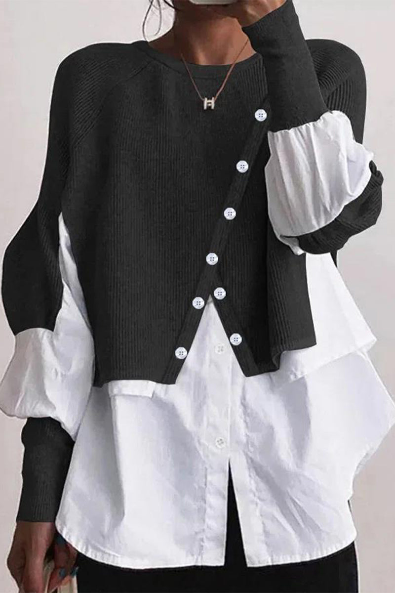 Levoire | Décontracté Solide Patchwork Boutons O-Cou Tops Noir
