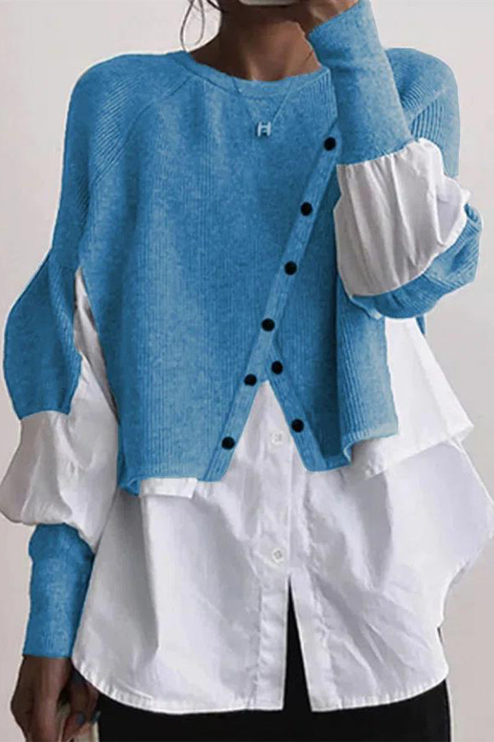 Levoire | Décontracté Solide Patchwork Boutons O-Cou Tops Bleu