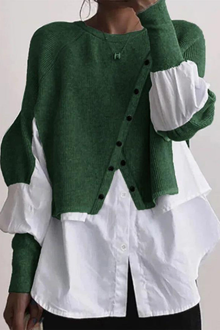 Levoire | Décontracté Solide Patchwork Boutons O-Cou Tops Vert