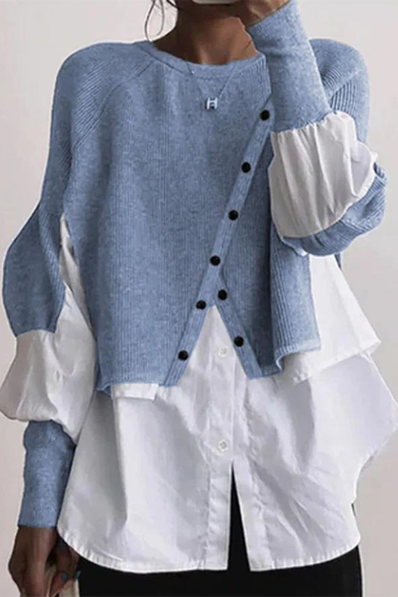 Levoire | Décontracté Solide Patchwork Boutons O-Cou Tops Bleu clair