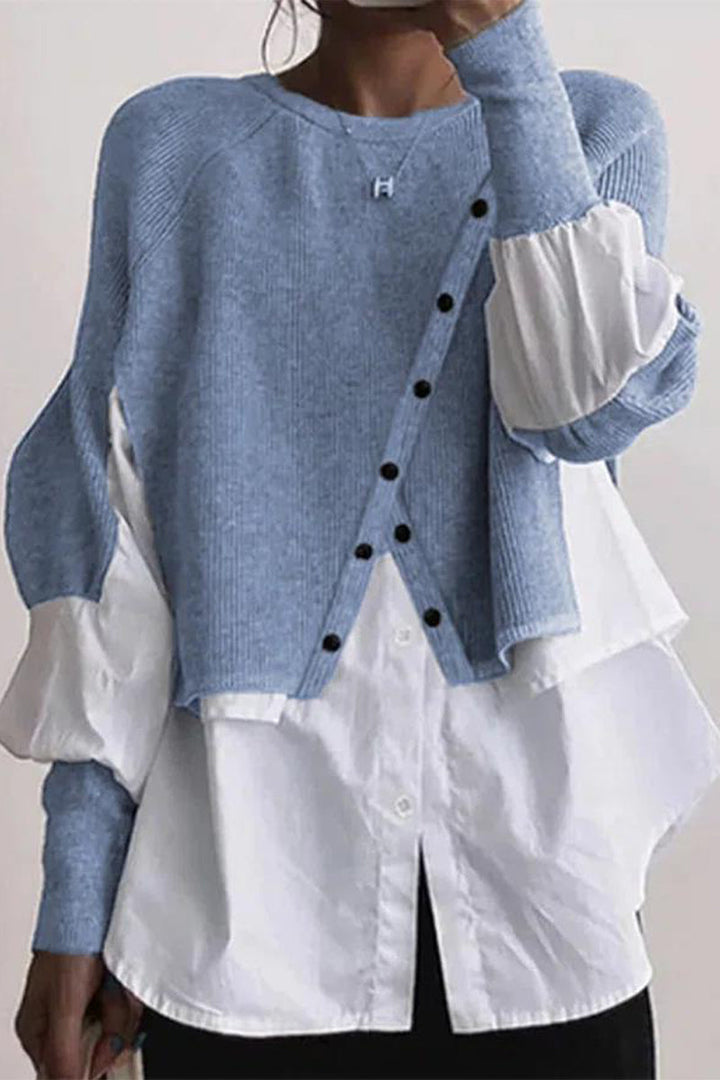 Levoire | Décontracté Solide Patchwork Boutons O-Cou Tops Bleu clair