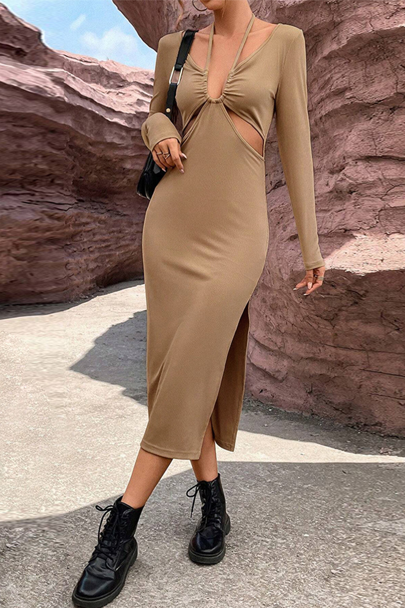 Levoire | Sexy Vacances Solide Découpé Fente Halter Manches Longues Robes