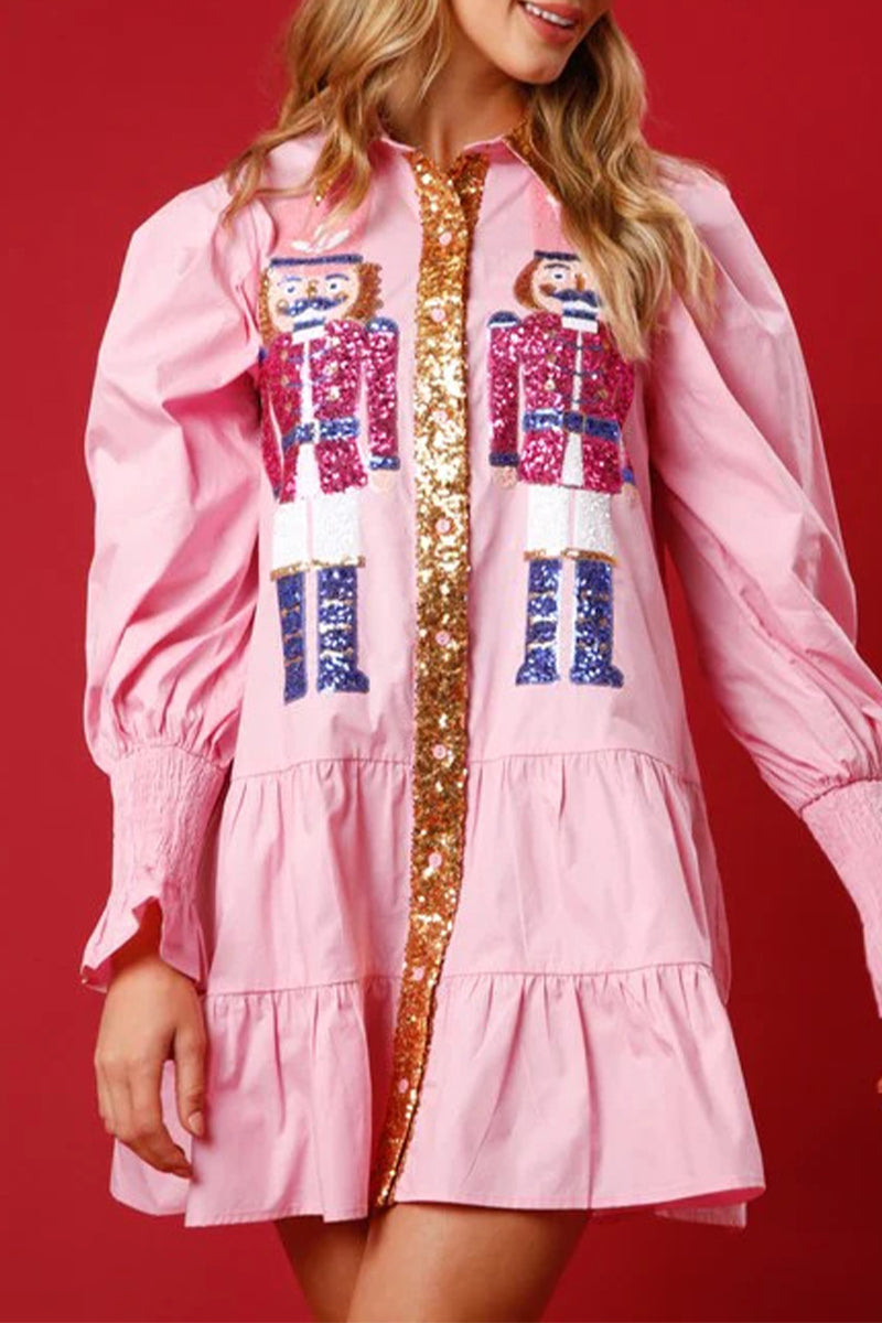 Levoire | Robe À Manches Longues En Contraste De Sequins Doux Et Solides Avec Col Replié Rosa