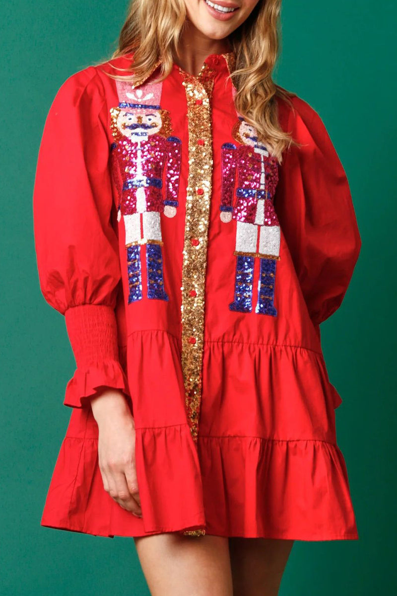 Levoire | Robe À Manches Longues En Contraste De Sequins Doux Et Solides Avec Col Replié Rot