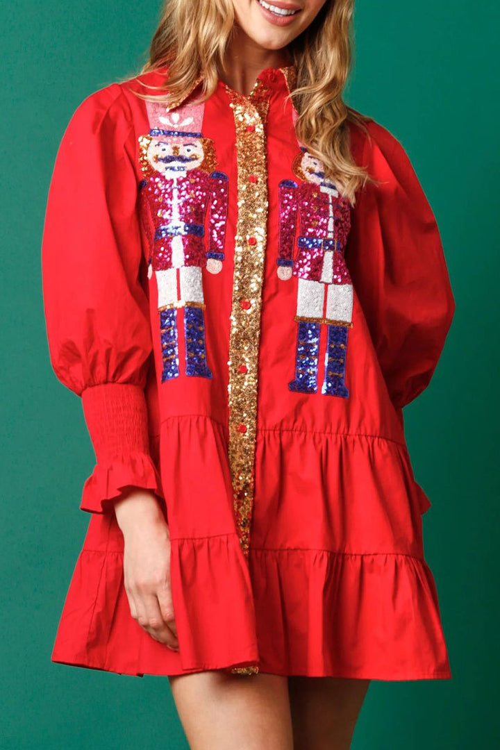 Levoire | Robe À Manches Longues En Contraste De Sequins Doux Et Solides Avec Col Replié Rot