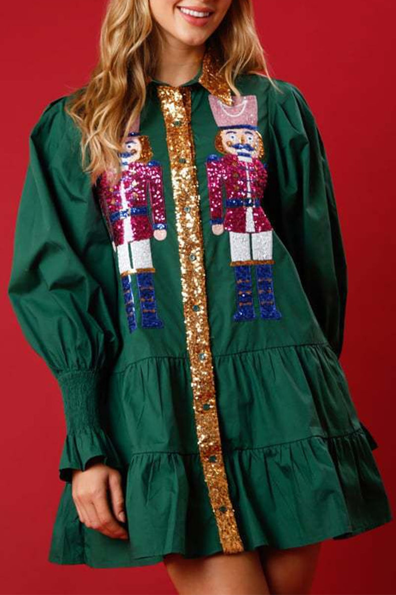 Levoire | Robe À Manches Longues En Contraste De Sequins Doux Et Solides Avec Col Replié Vert