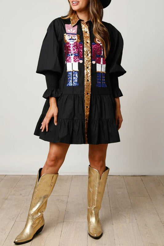 Levoire | Robe À Manches Longues En Contraste De Sequins Doux Et Solides Avec Col Replié